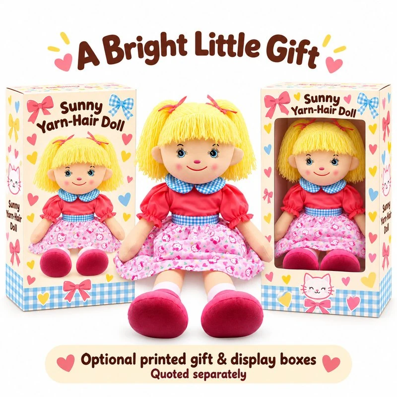 Blonde Yarn Hair Floral Cloth Doll — optional packaging concept; final artwork, fit and quotation require confirmation.