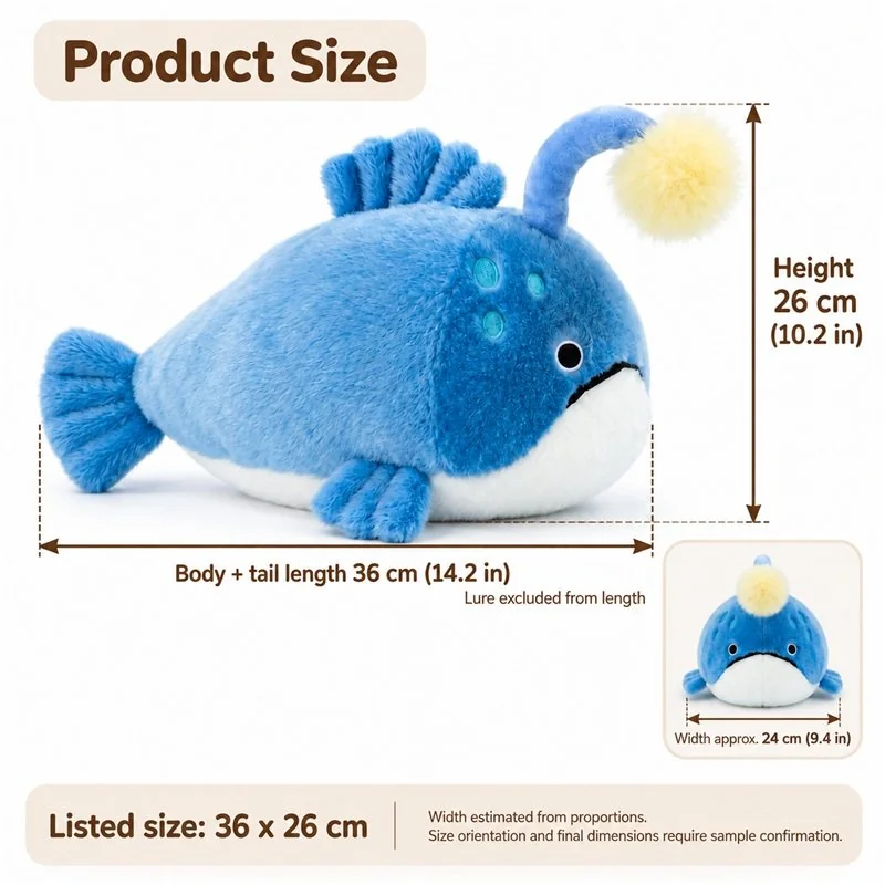 Blue Anglerfish Plush Cushion — proposed size reference; dimensions require sample confirmation.