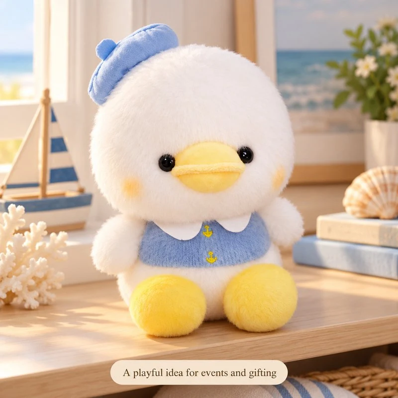 Illustrative application scene featuring blue beret sailor duck plush; setting is a concept.