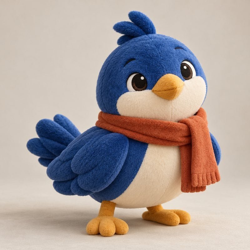Illustrative blue bird mascot plush with a plain scarf