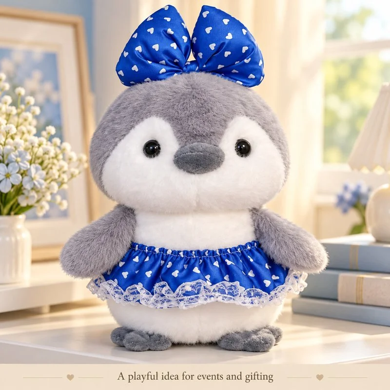 Illustrative application scene featuring blue bow skirt penguin plush; setting is a concept.