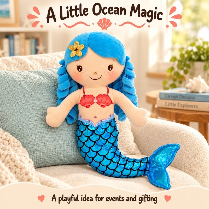 Illustrative application scene featuring blue braid mermaid plush; setting is a concept.