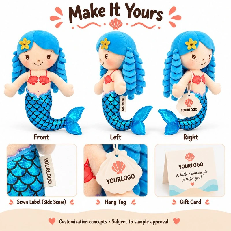 Customization concept for blue braid mermaid plush; feasibility and sample approval required.