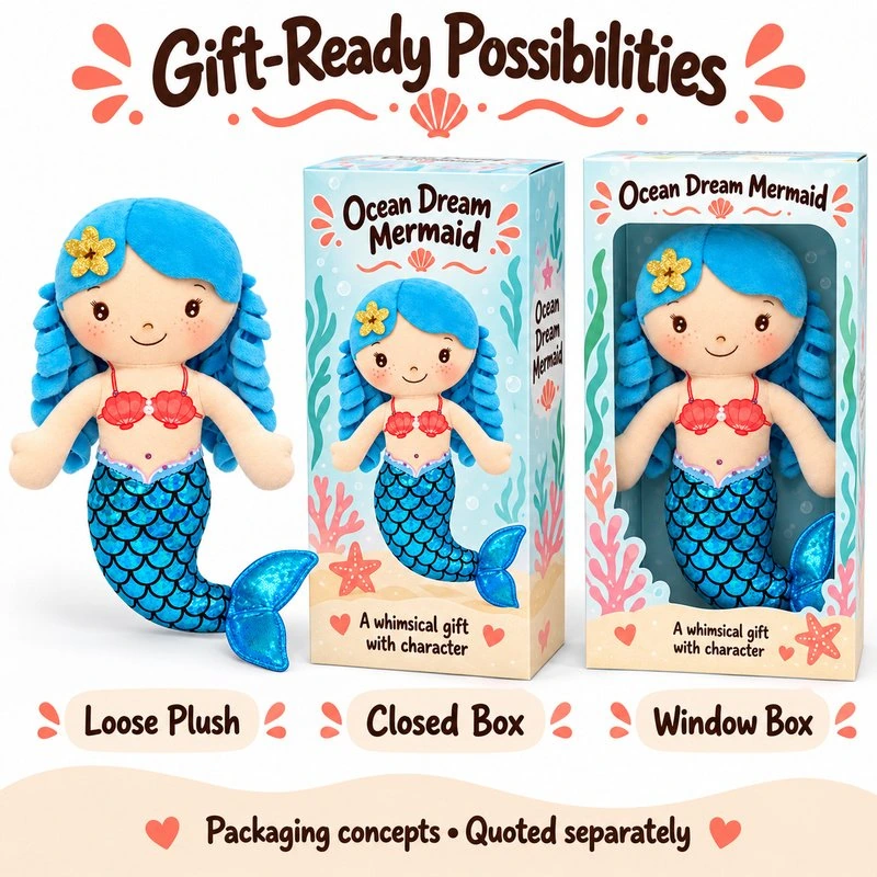 Blue Braid Mermaid Plush — optional packaging concept; final artwork, fit and quotation require confirmation.
