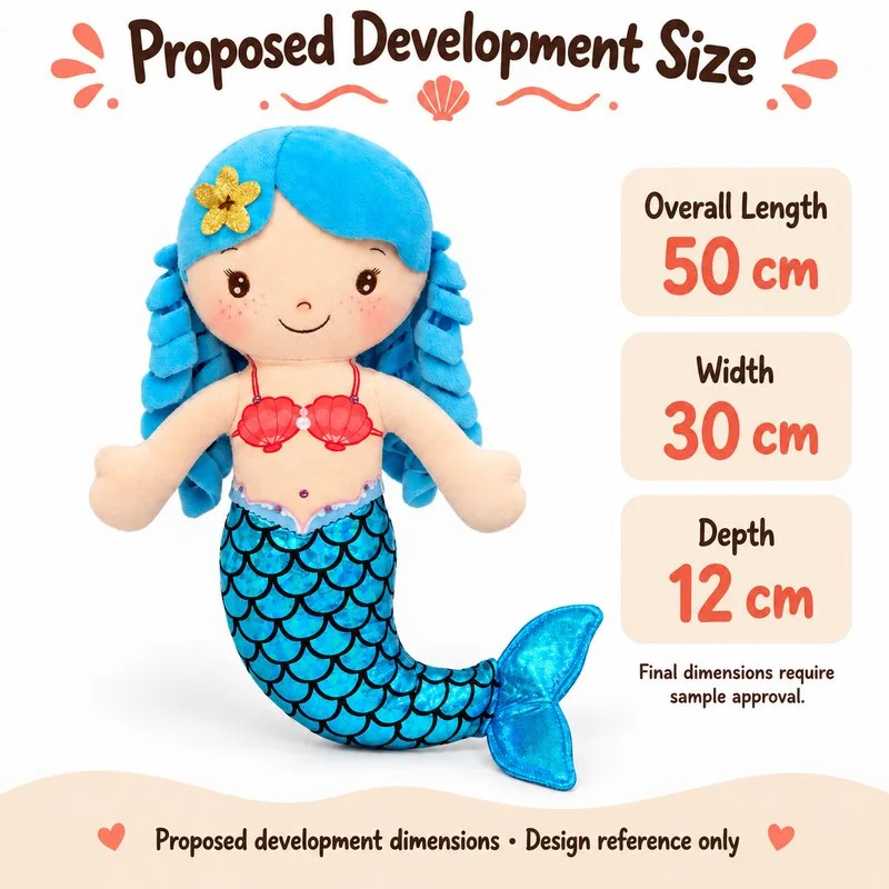 Blue Braid Mermaid Plush — proposed size reference; dimensions require sample confirmation.