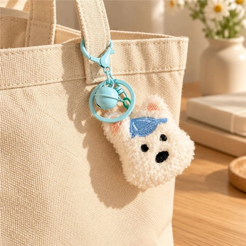 Illustrative application scene featuring blue cap white dog plush keychain; setting is a concept.