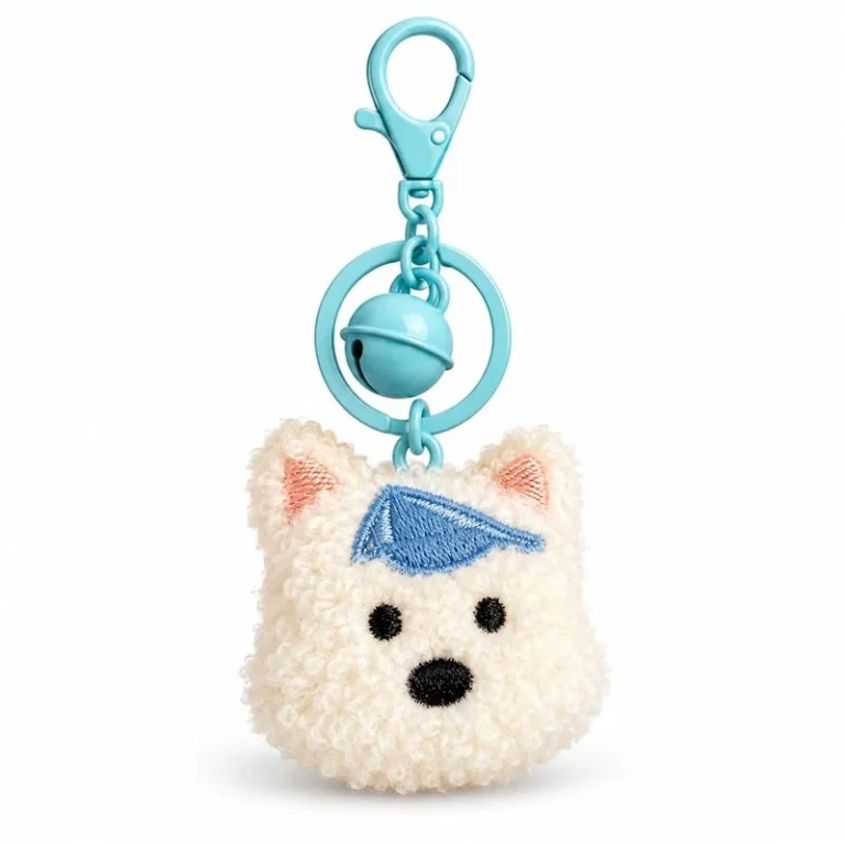Blue Cap White Dog Plush Keychain