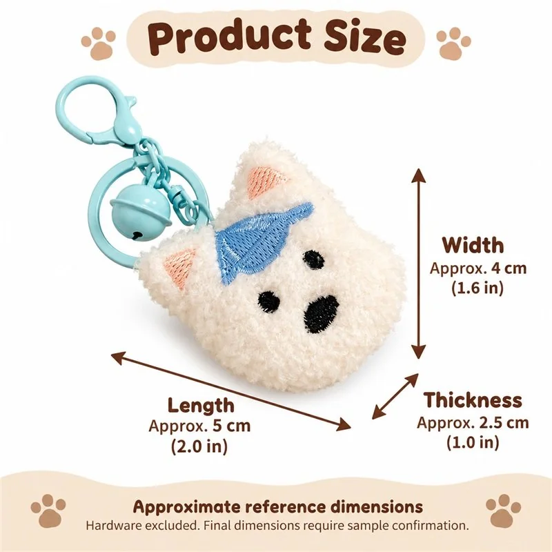 Blue Cap White Dog Plush Keychain — proposed size reference; dimensions require sample confirmation.