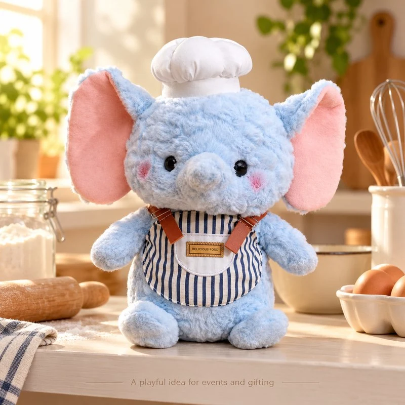 Illustrative application scene featuring blue chef elephant plush; setting is a concept.