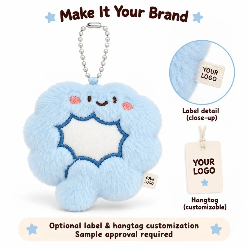 Customization concept for blue colon plush keychain; feasibility and sample approval required.