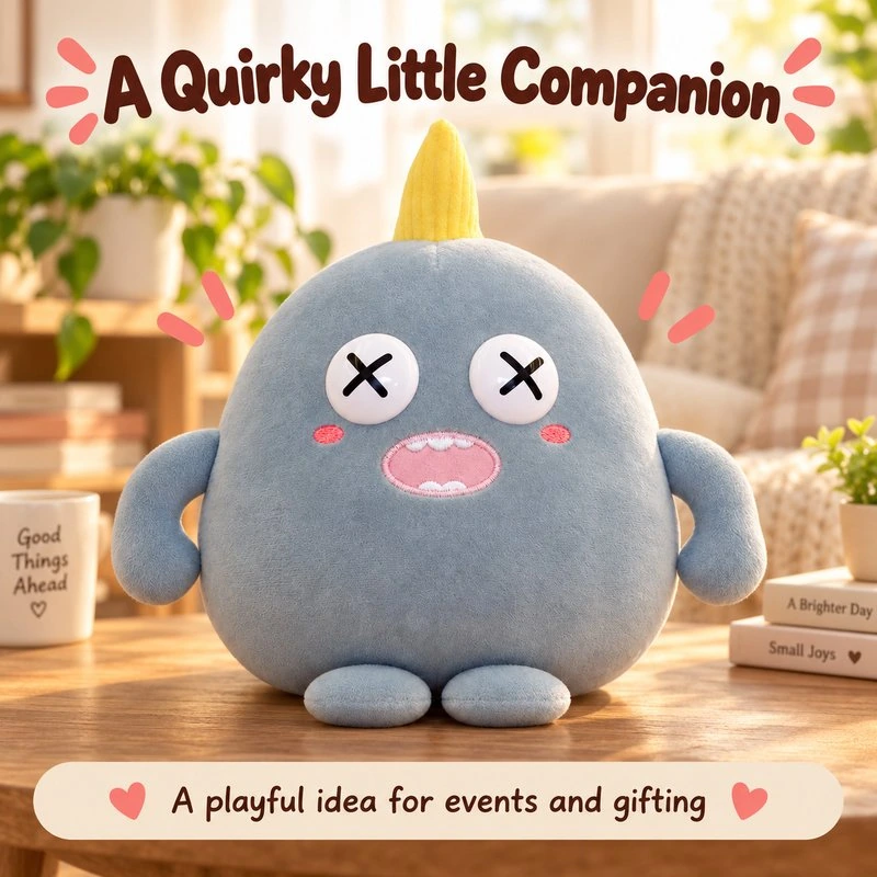 Illustrative application scene featuring blue cross eyed monster plush; setting is a concept.