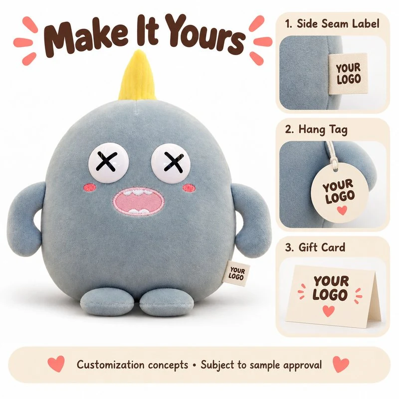 Customization concept for blue cross eyed monster plush; feasibility and sample approval required.
