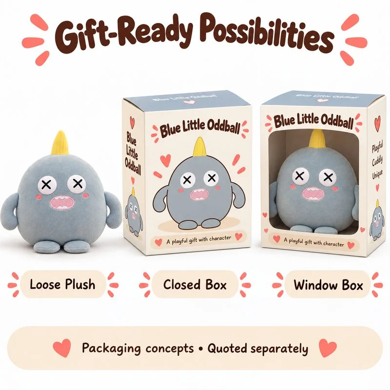 Blue Cross Eyed Monster Plush — optional packaging concept; final artwork, fit and quotation require confirmation.