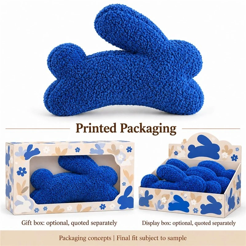 Blue Curly Texture Bunny Plush Pillow — optional packaging concept; final artwork, fit and quotation require confirmation.