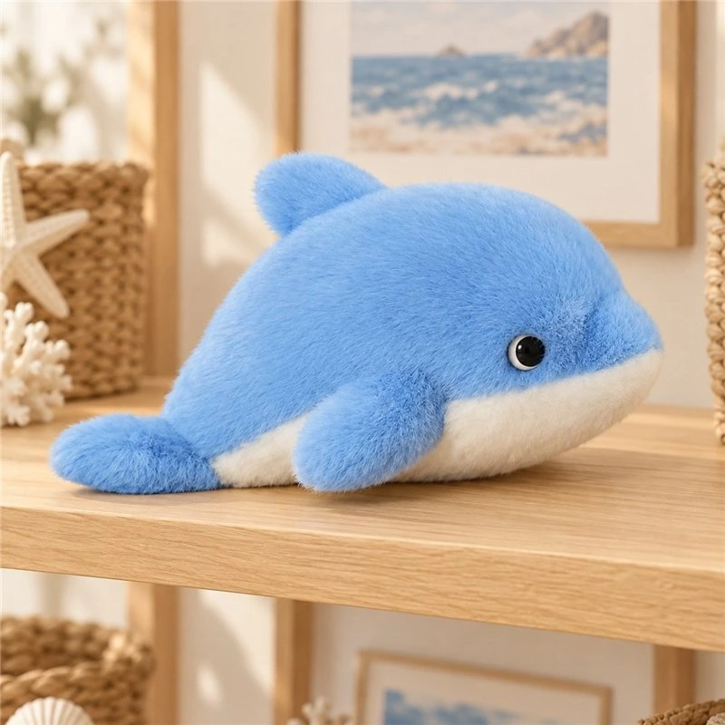 Illustrative application scene featuring compact blue dolphin plush; setting is a concept.