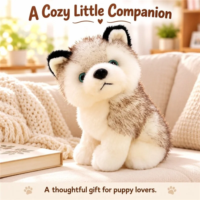 Illustrative application scene featuring seated blue eyed husky puppy plush; setting is a concept.