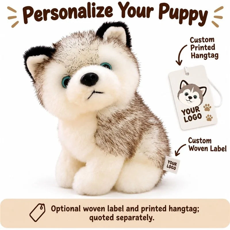 Customization concept for seated blue eyed husky puppy plush; feasibility and sample approval required.