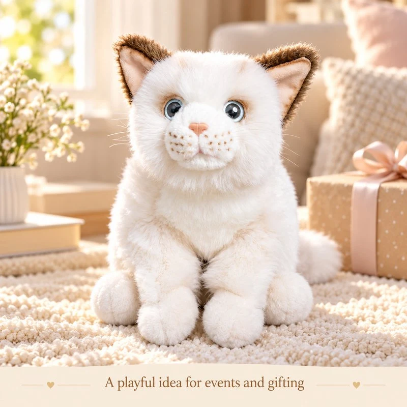 Illustrative application scene featuring blue eyed white cat plush; setting is a concept.