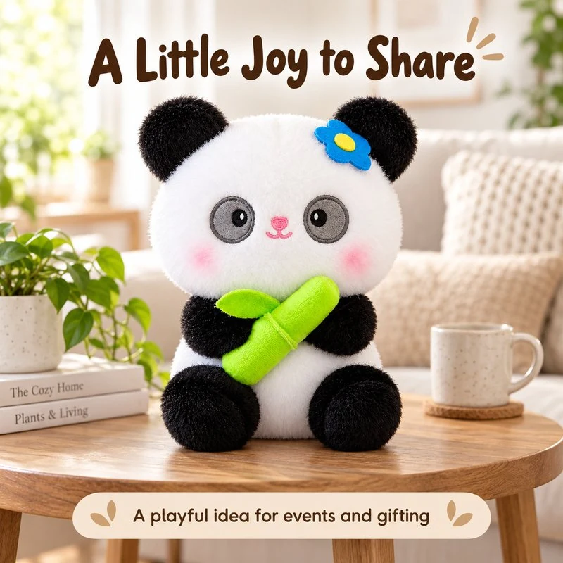 Illustrative application scene featuring blue flower bamboo panda soft toy; setting is a concept.