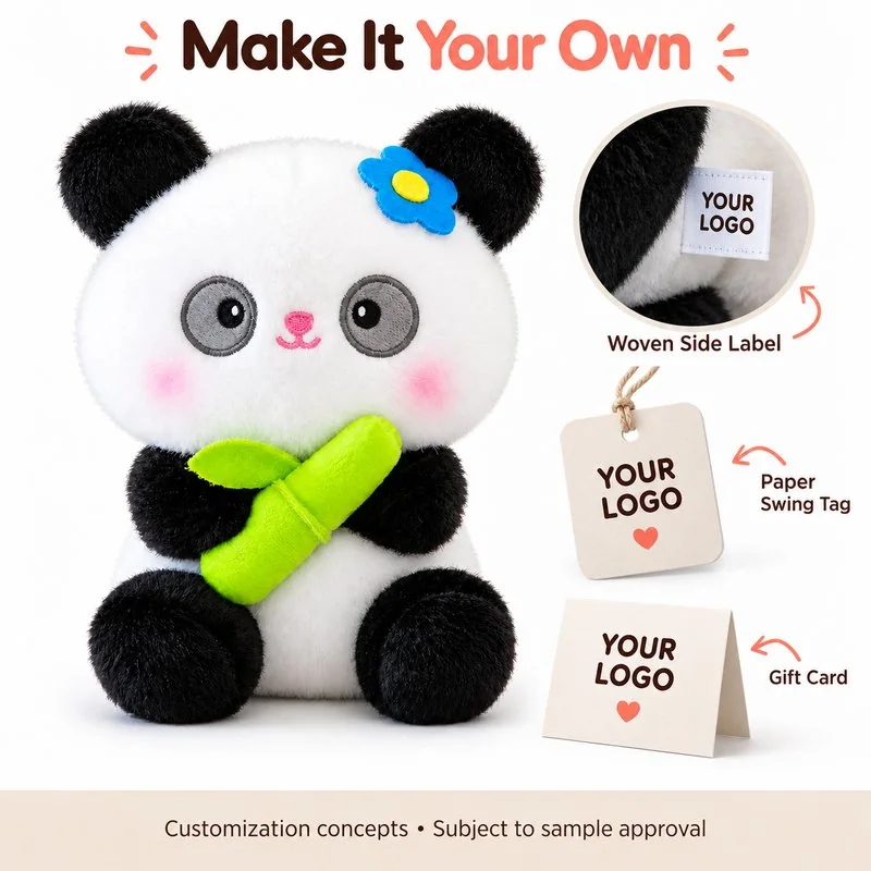 Customization concept for blue flower bamboo panda soft toy; feasibility and sample approval required.