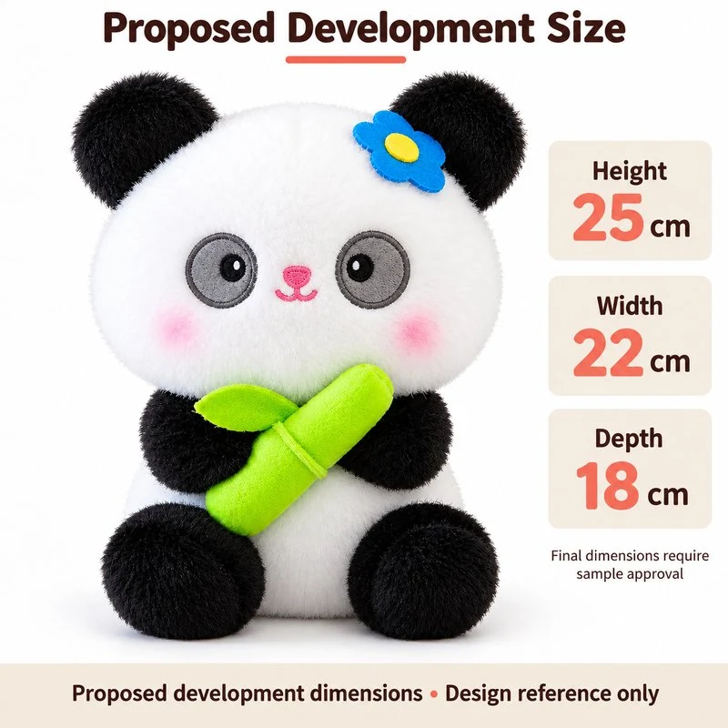Blue Flower Bamboo Panda Soft Toy — proposed size reference; dimensions require sample confirmation.