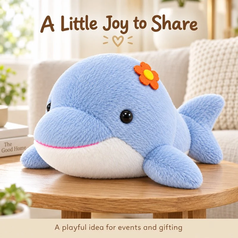 Illustrative application scene featuring blue flower dolphin plush; setting is a concept.