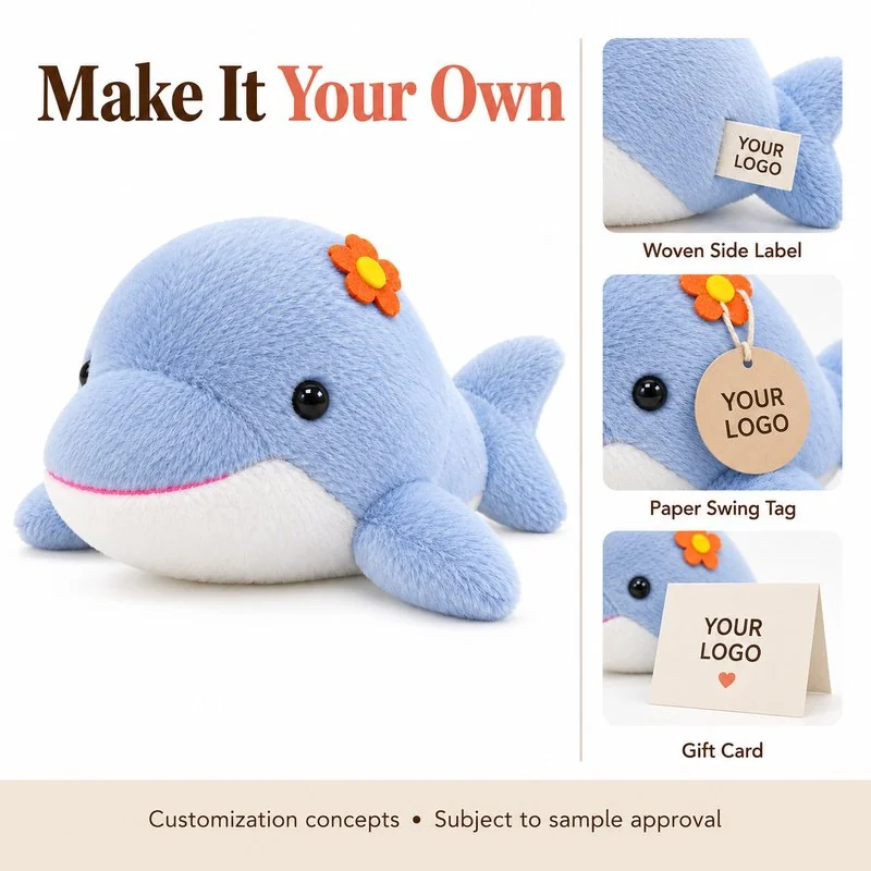 Customization concept for blue flower dolphin plush; feasibility and sample approval required.