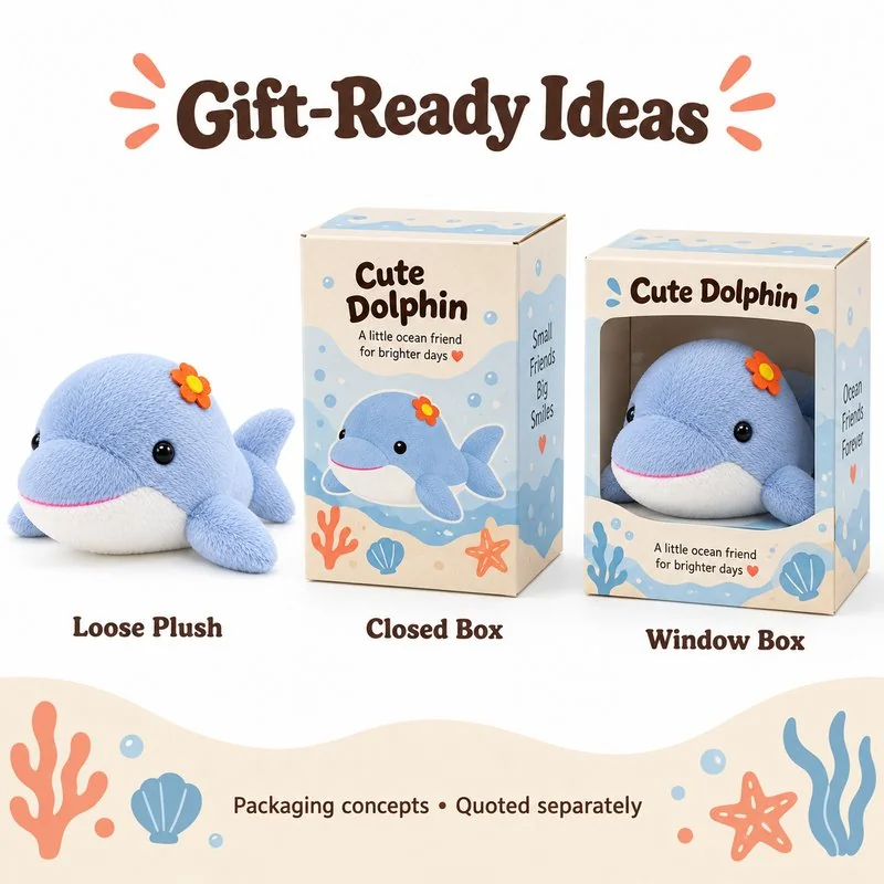 Blue Flower Dolphin Plush — optional packaging concept; final artwork, fit and quotation require confirmation.
