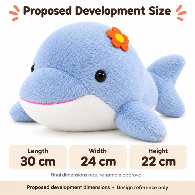 Blue Flower Dolphin Plush — proposed size reference; dimensions require sample confirmation.
