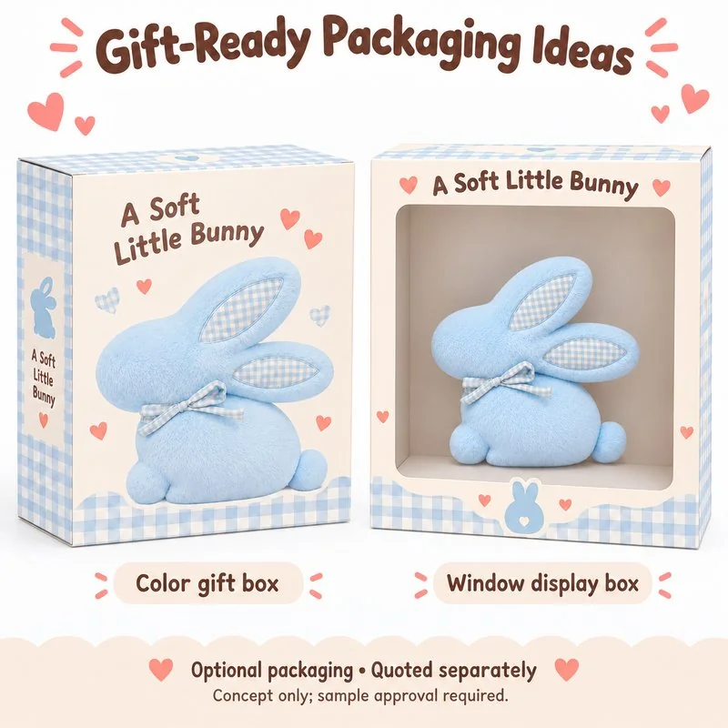 Blue Gingham Bow Bunny Plush Pillow — optional packaging concept; final artwork, fit and quotation require confirmation.
