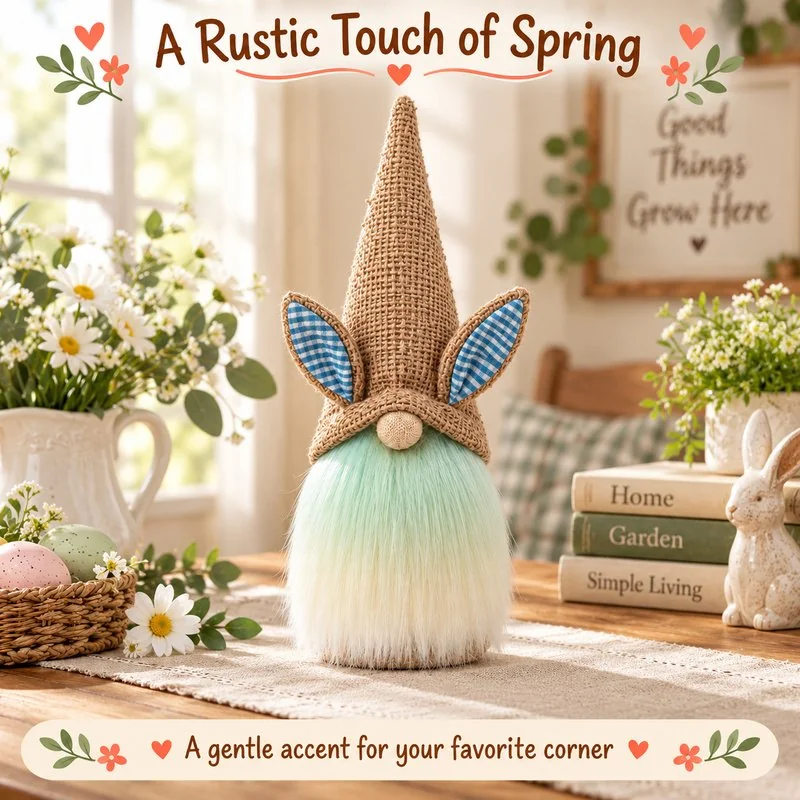 Illustrative application scene featuring blue gingham ear easter gnome plush; setting is a concept.