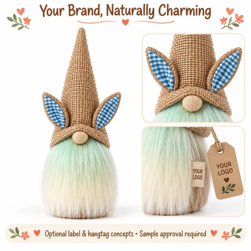 Customization concept for blue gingham ear easter gnome plush; feasibility and sample approval required.