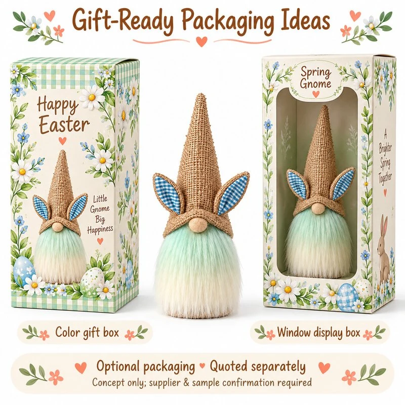 Blue Gingham Ear Easter Gnome Plush — optional packaging concept; final artwork, fit and quotation require confirmation.