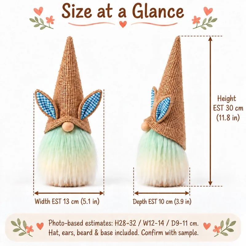 Blue Gingham Ear Easter Gnome Plush — proposed size reference; dimensions require sample confirmation.