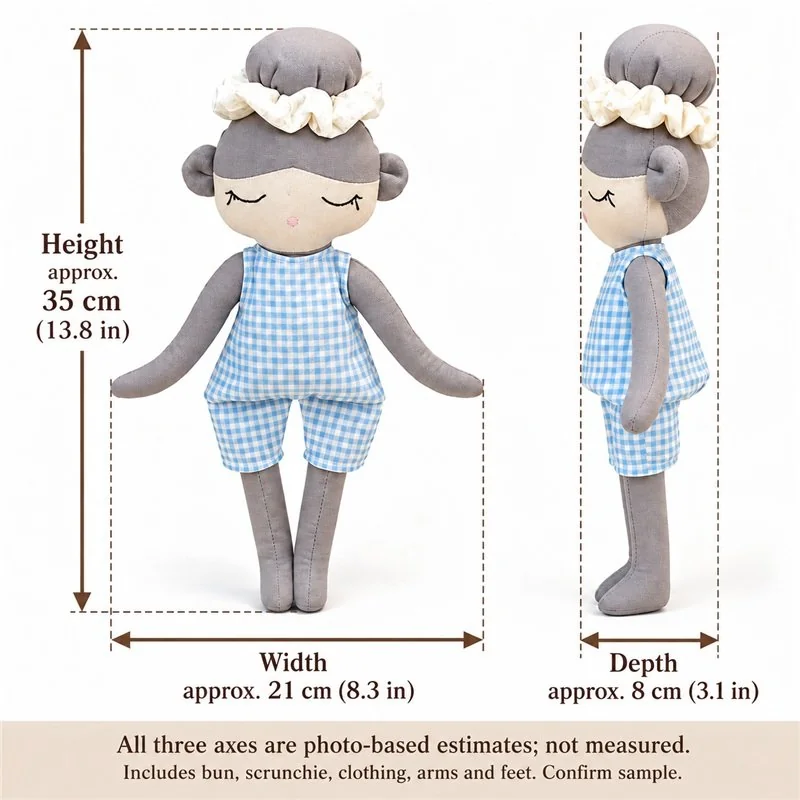 Blue Gingham Gray Hair Cloth Doll — proposed size reference; dimensions require sample confirmation.