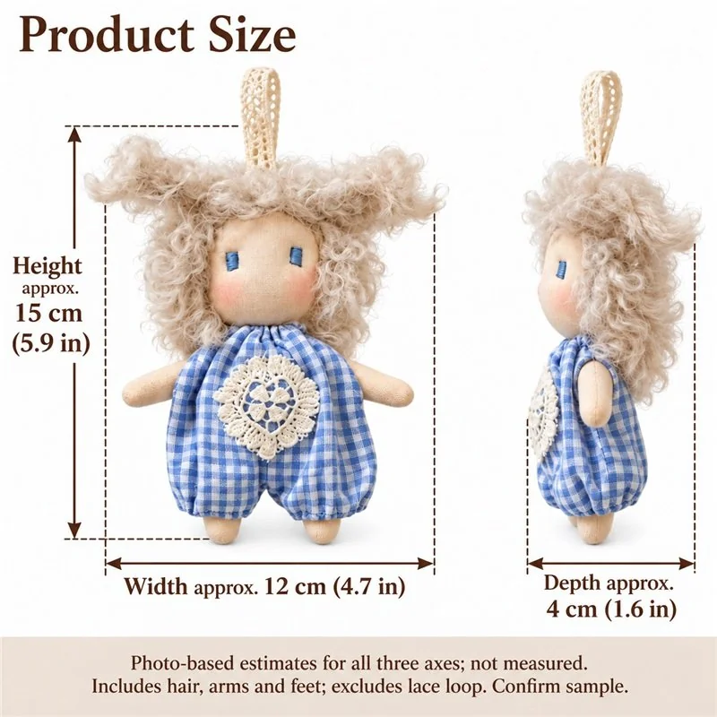 Blue Gingham Romper Doll Keychain — proposed size reference; dimensions require sample confirmation.