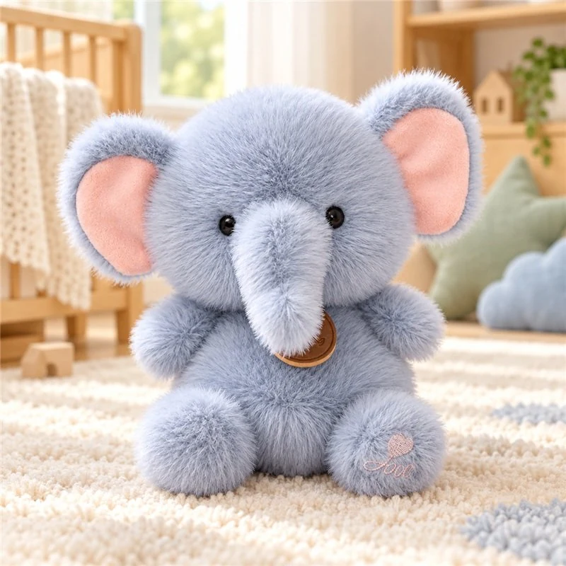 Illustrative application scene featuring blue gray elephant plush; setting is a concept.
