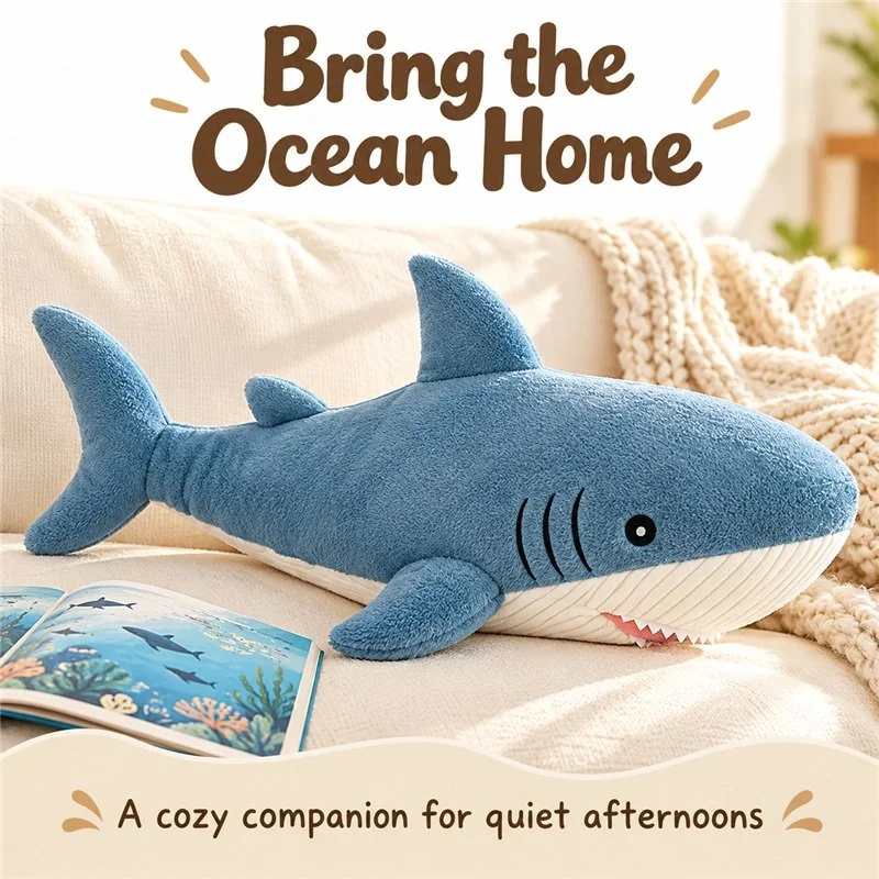 Illustrative application scene featuring streamlined blue gray shark plush; setting is a concept.