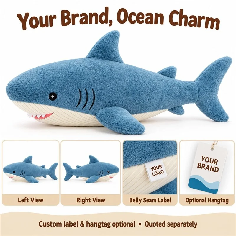 Customization concept for streamlined blue gray shark plush; feasibility and sample approval required.