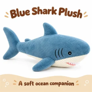 Streamlined Blue Gray Shark Plush; AI concept reference, final sample and specifications to be confirmed.