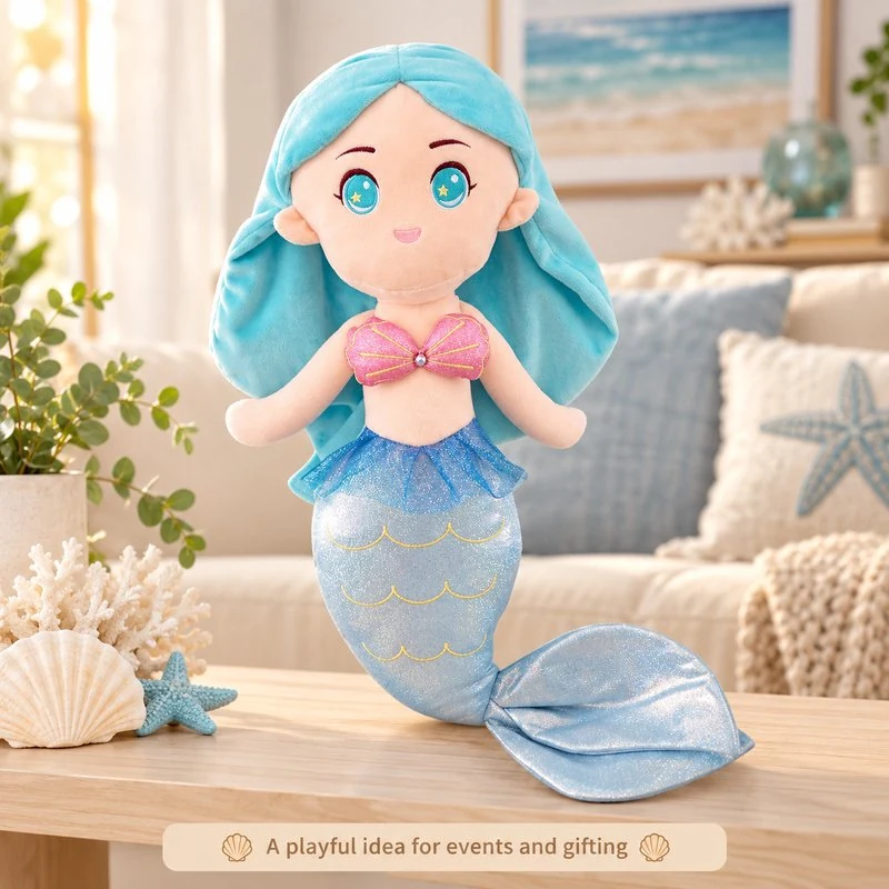 Illustrative application scene featuring blue hair silver tail mermaid plush; setting is a concept.