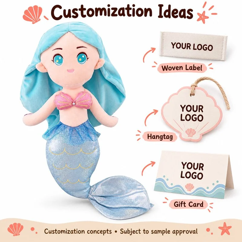 Customization concept for blue hair silver tail mermaid plush; feasibility and sample approval required.
