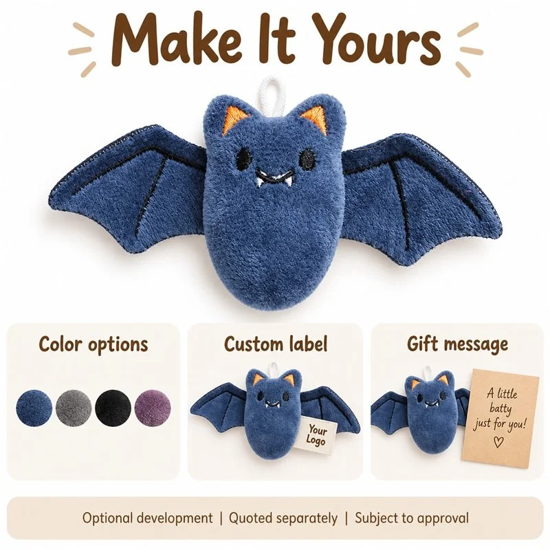 Customization concept for blue halloween bat plush; feasibility and sample approval required.