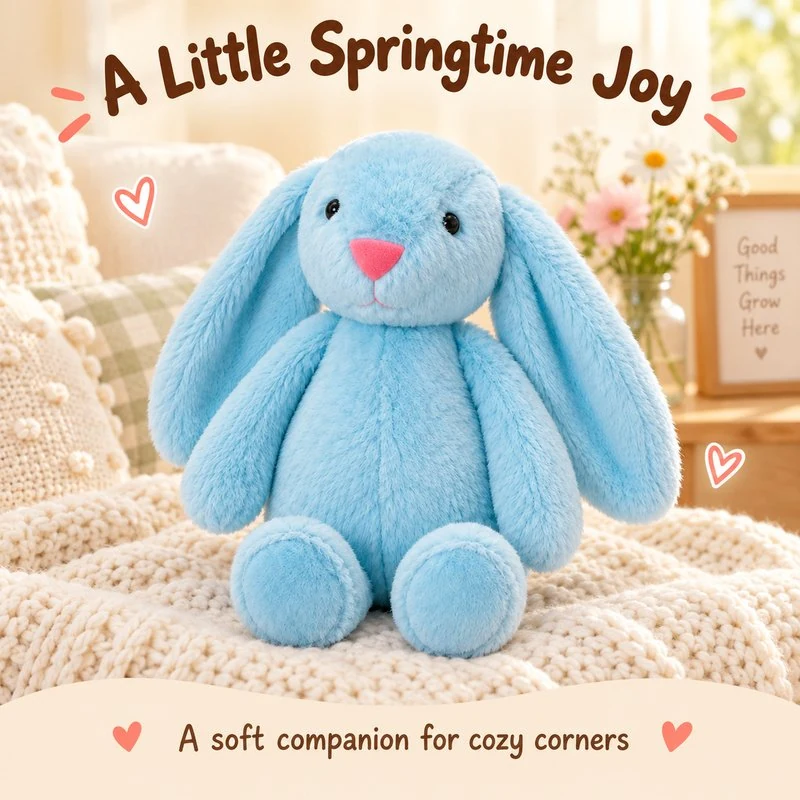 Illustrative application scene featuring blue long ear easter bunny plush; setting is a concept.