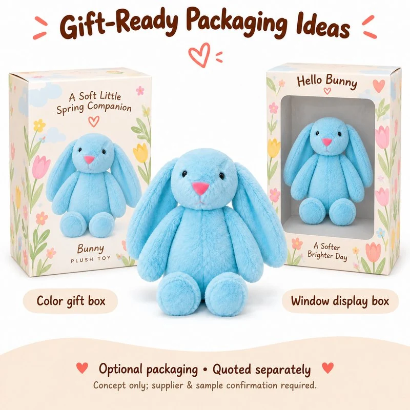 Blue Long Ear Easter Bunny Plush — optional packaging concept; final artwork, fit and quotation require confirmation.