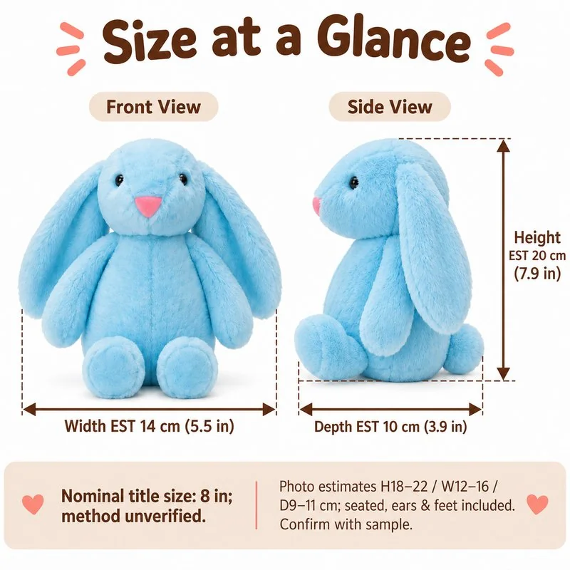 Blue Long Ear Easter Bunny Plush — proposed size reference; dimensions require sample confirmation.