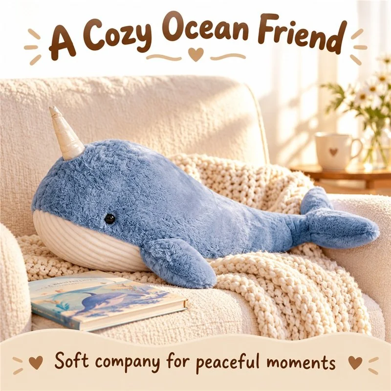 Illustrative application scene featuring blue narwhal plush; setting is a concept.