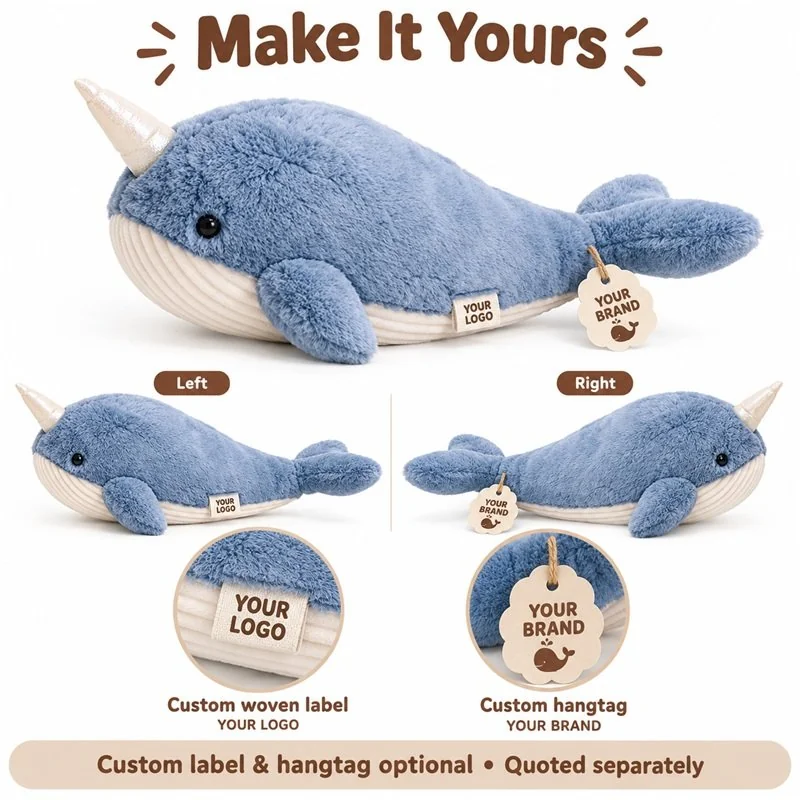 Customization concept for blue narwhal plush; feasibility and sample approval required.
