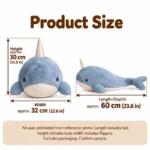 Blue Narwhal Plush — proposed size reference; dimensions require sample confirmation.