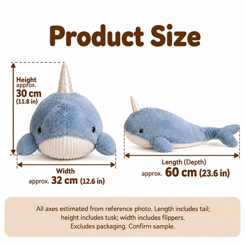 Blue Narwhal Plush — proposed size reference; dimensions require sample confirmation.